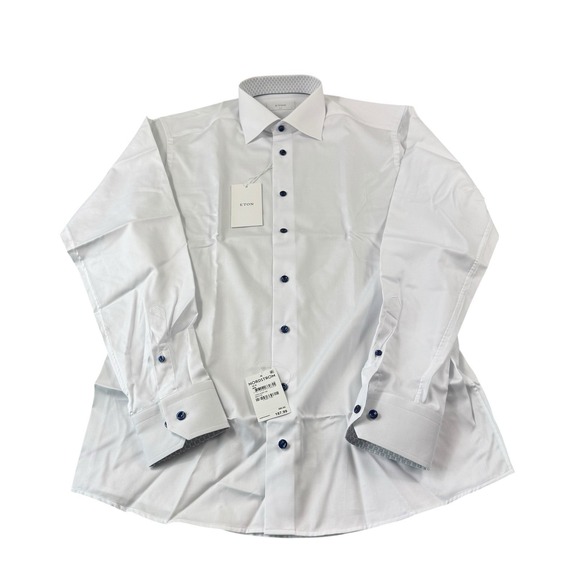 ETON Slim White Geometric Gray Flip Cuff Men's Cotton Button Front 16/41 NWT - Picture 3 of 7